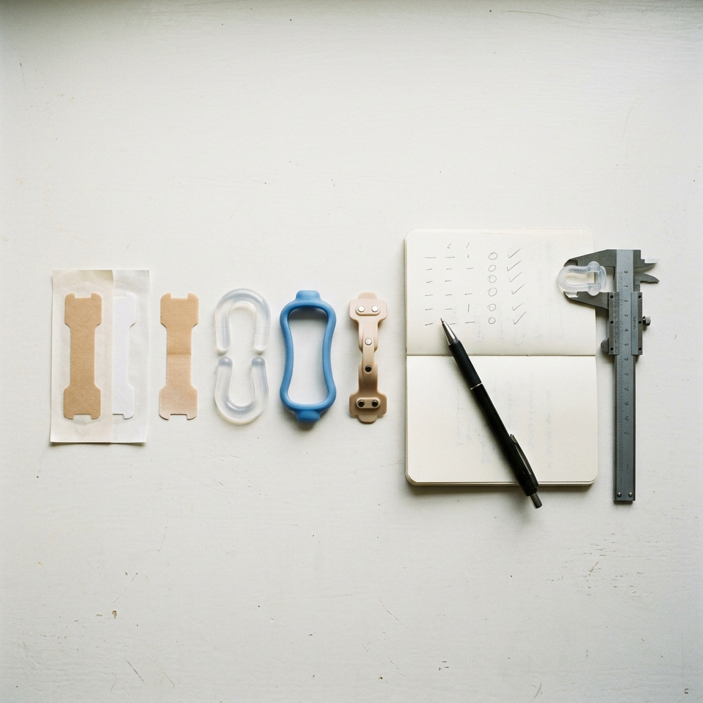A bench of nasal strips and dilators laid out for testing