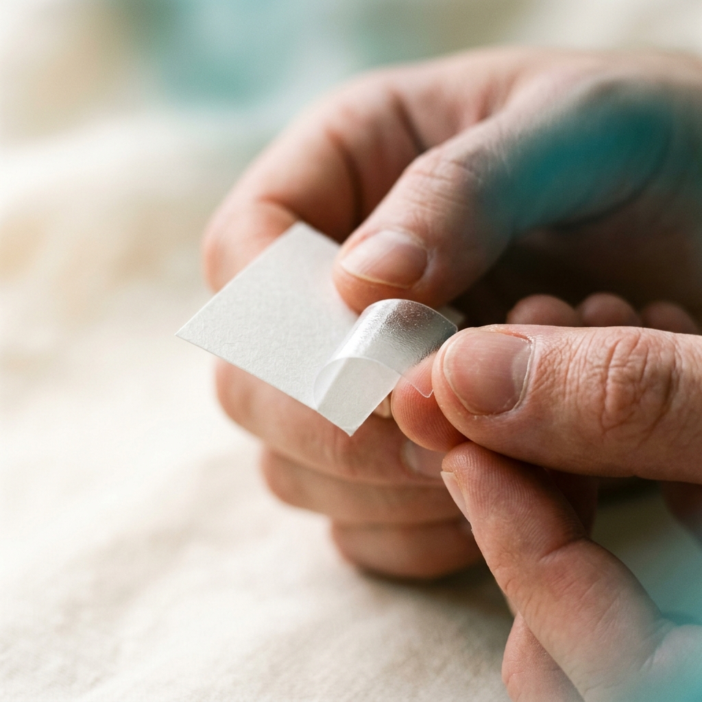 Peeling a nasal strip from its paper backing during a hands-on test